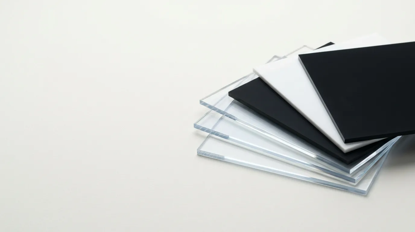 Clear, black and white acrylic sheets fanned on a pale surface